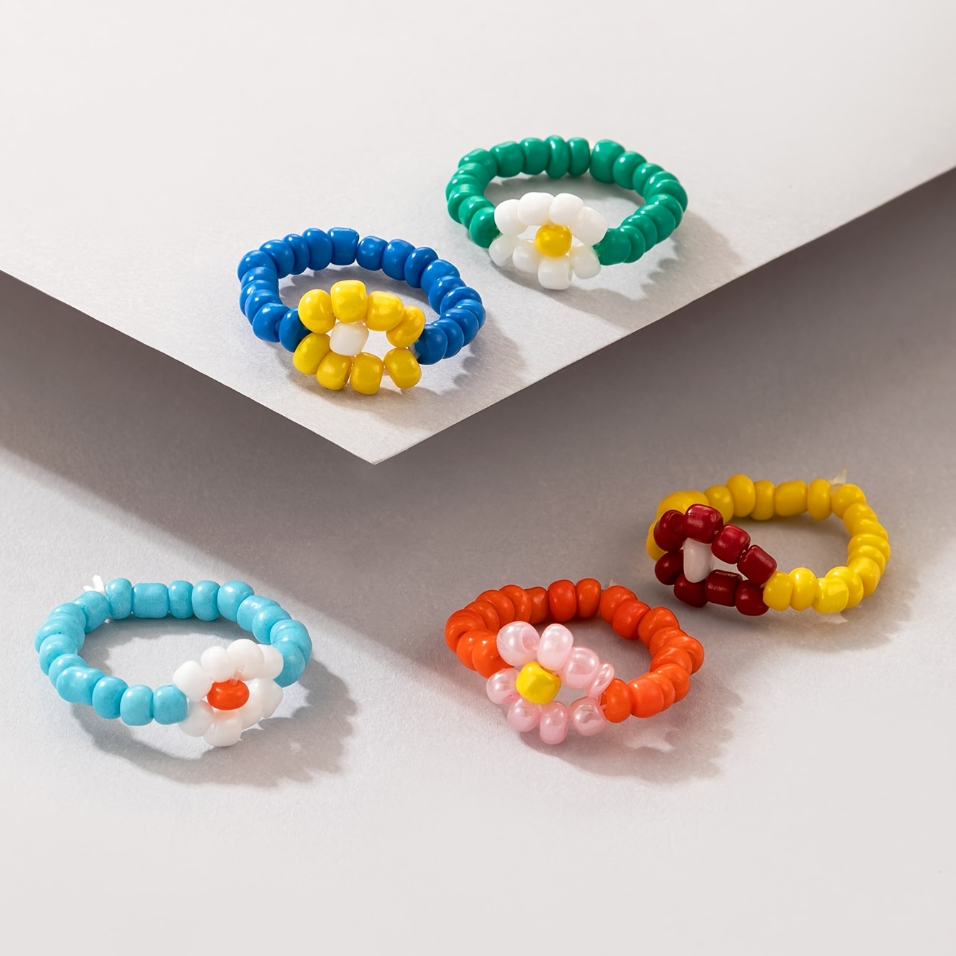 5 Bohemian Colorful Rice Bead Woven Flower Rings, Stackable